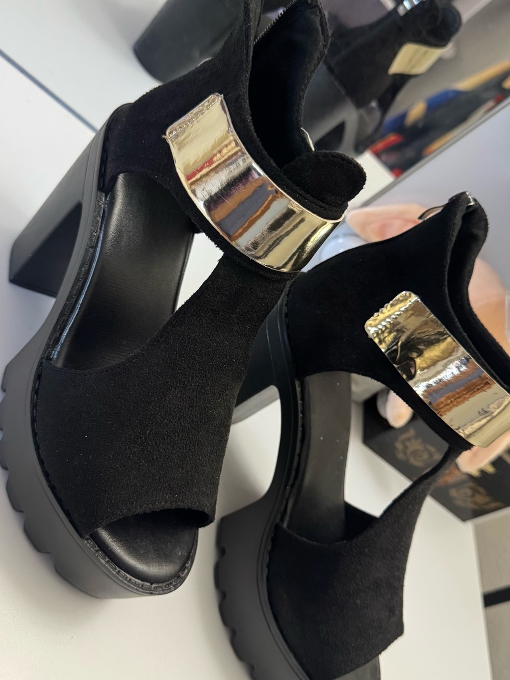 Black Suede Platform Sandals with Gold Accent